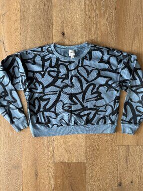 Maeve Anthropologie Blue Black Abstract Heart Print Sweatshirt M